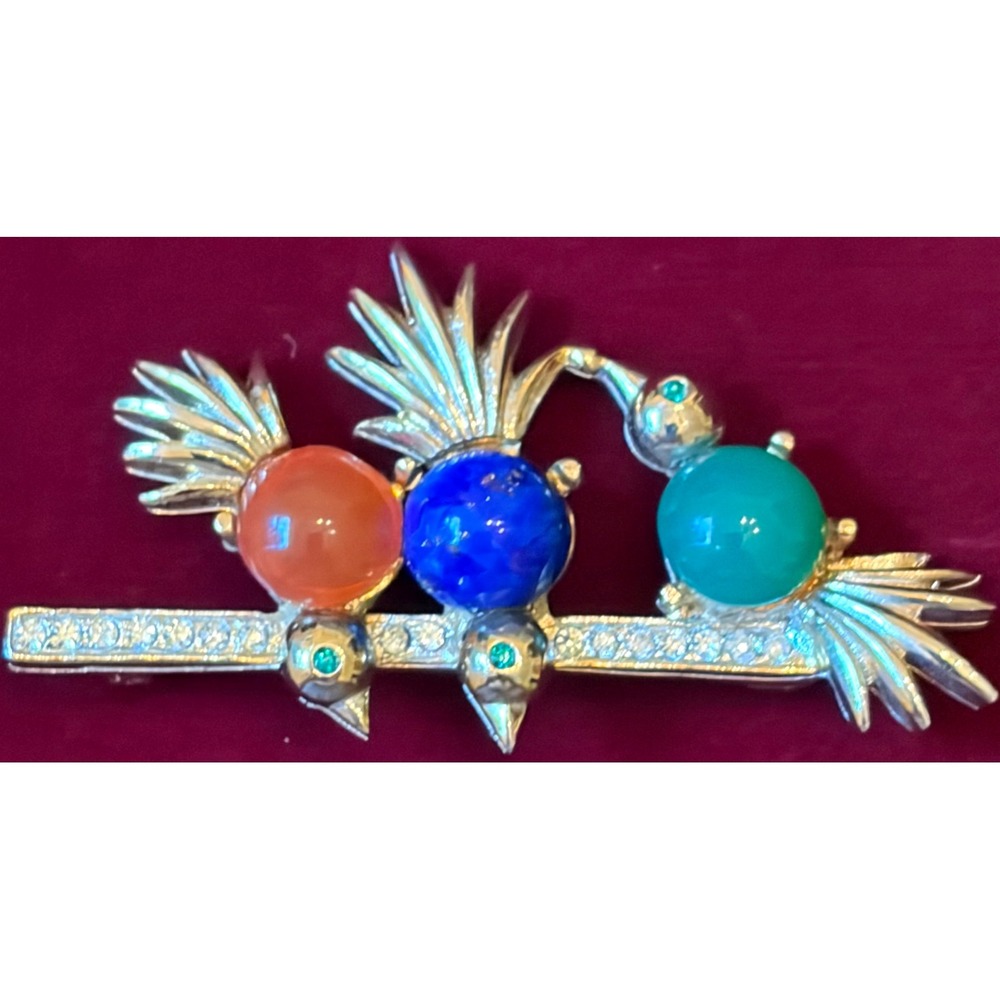 Vintage Craft Birds on a Branch Brooch Gold Tone Rhinestone Cabochon Mid Century